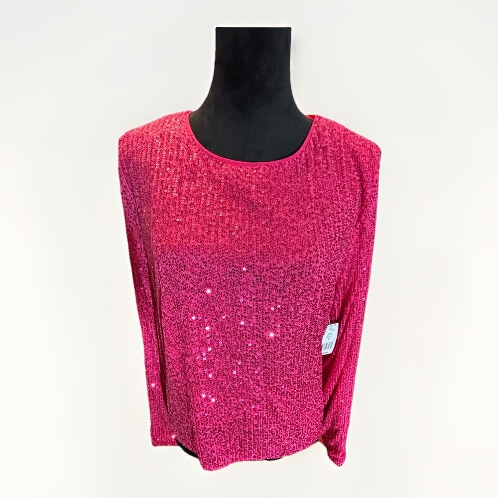Von Maur Top Blouse  Hot Pink Sequin Long Sleeve Shirt  Key Hole Women XL NWT